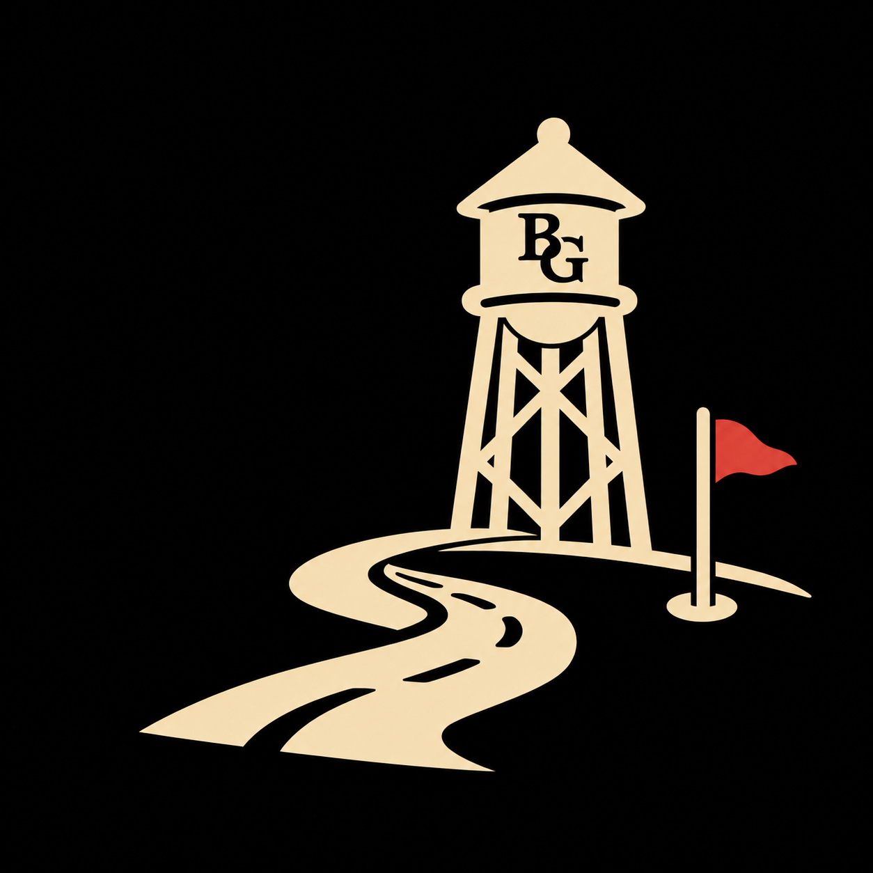 Backroad Golf — water tower, winding road, and red golf flag