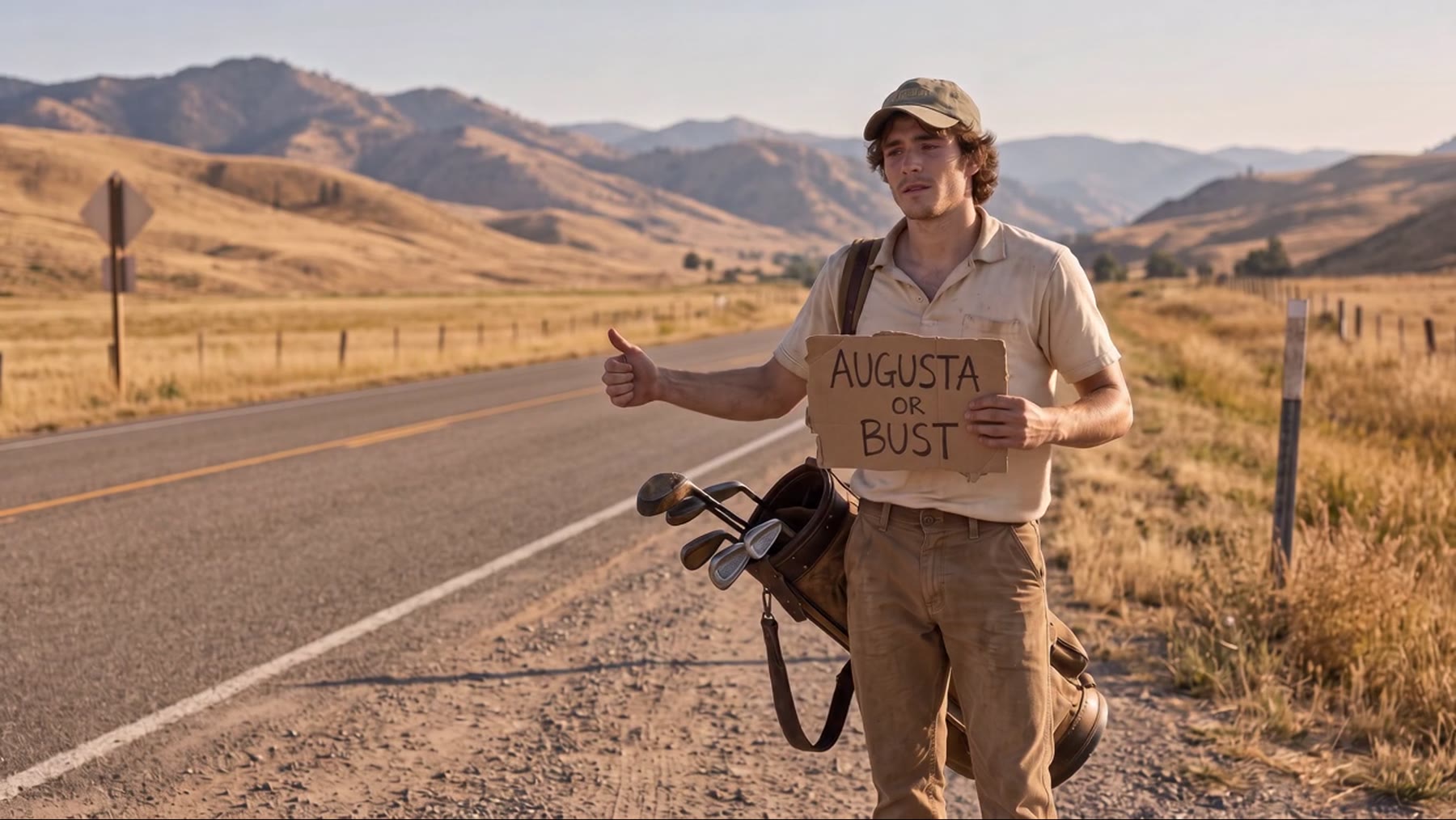The Vagabond holding an Augusta or Bust sign with his thumb out beside an open road